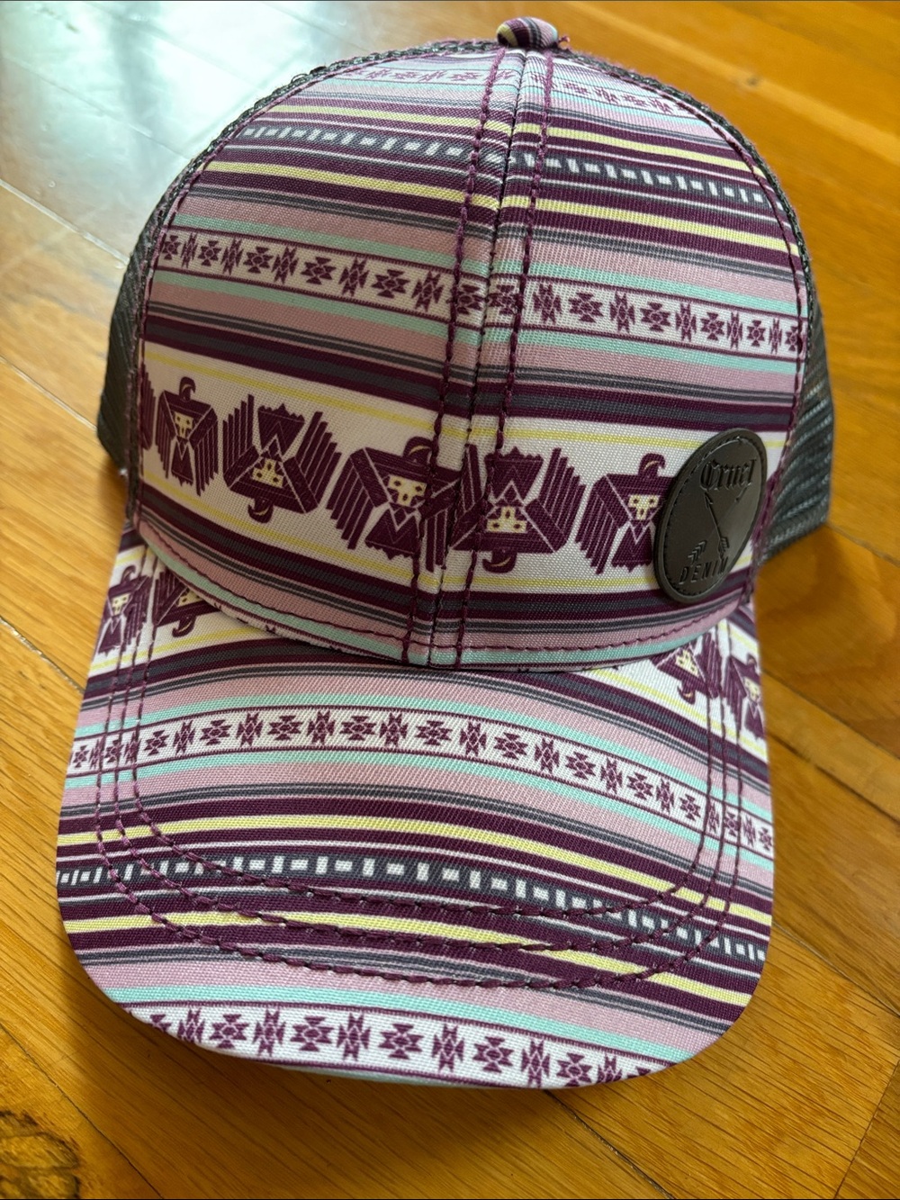 Women’s Cruel Denim Trucker Hat with Purple Aztec Stripe Pattern